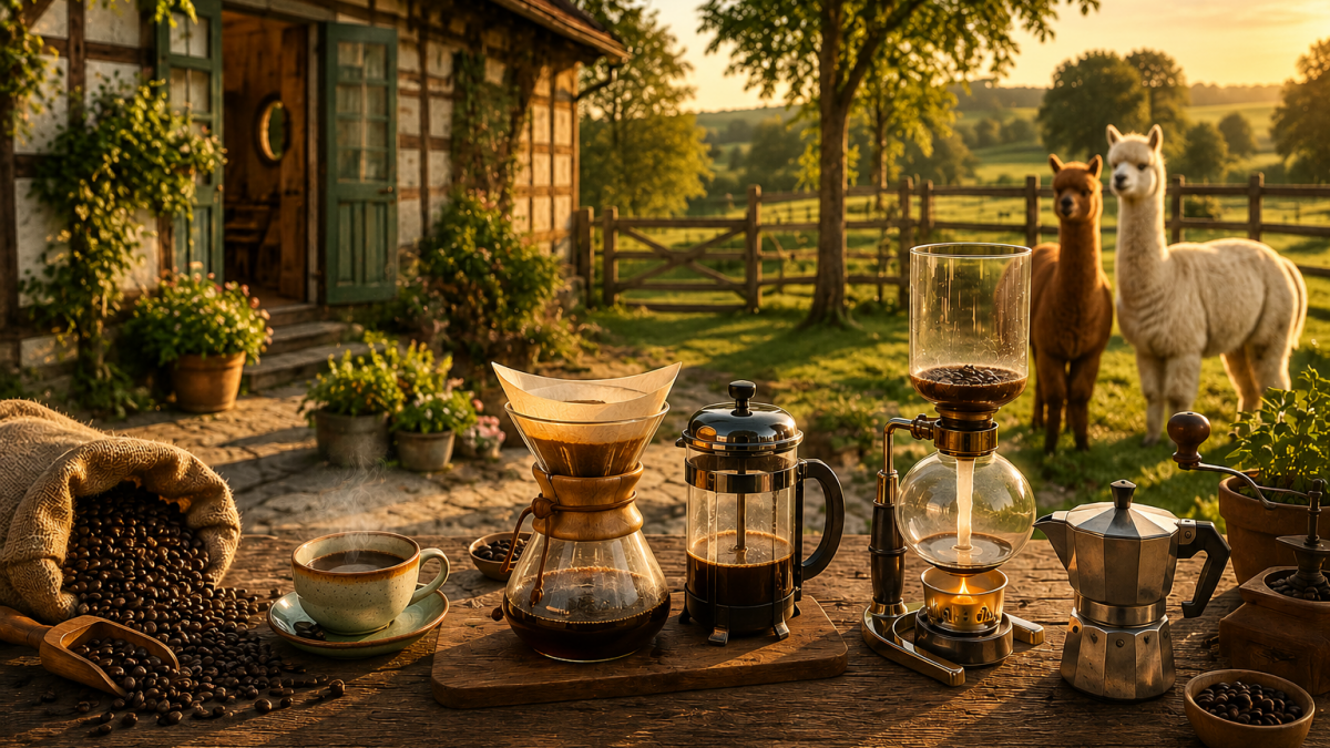 dieses KI generierte Bild zeigt einen gemütlichen Alpakahof mit verschiedenen Kaffeezubereitungs-Arten